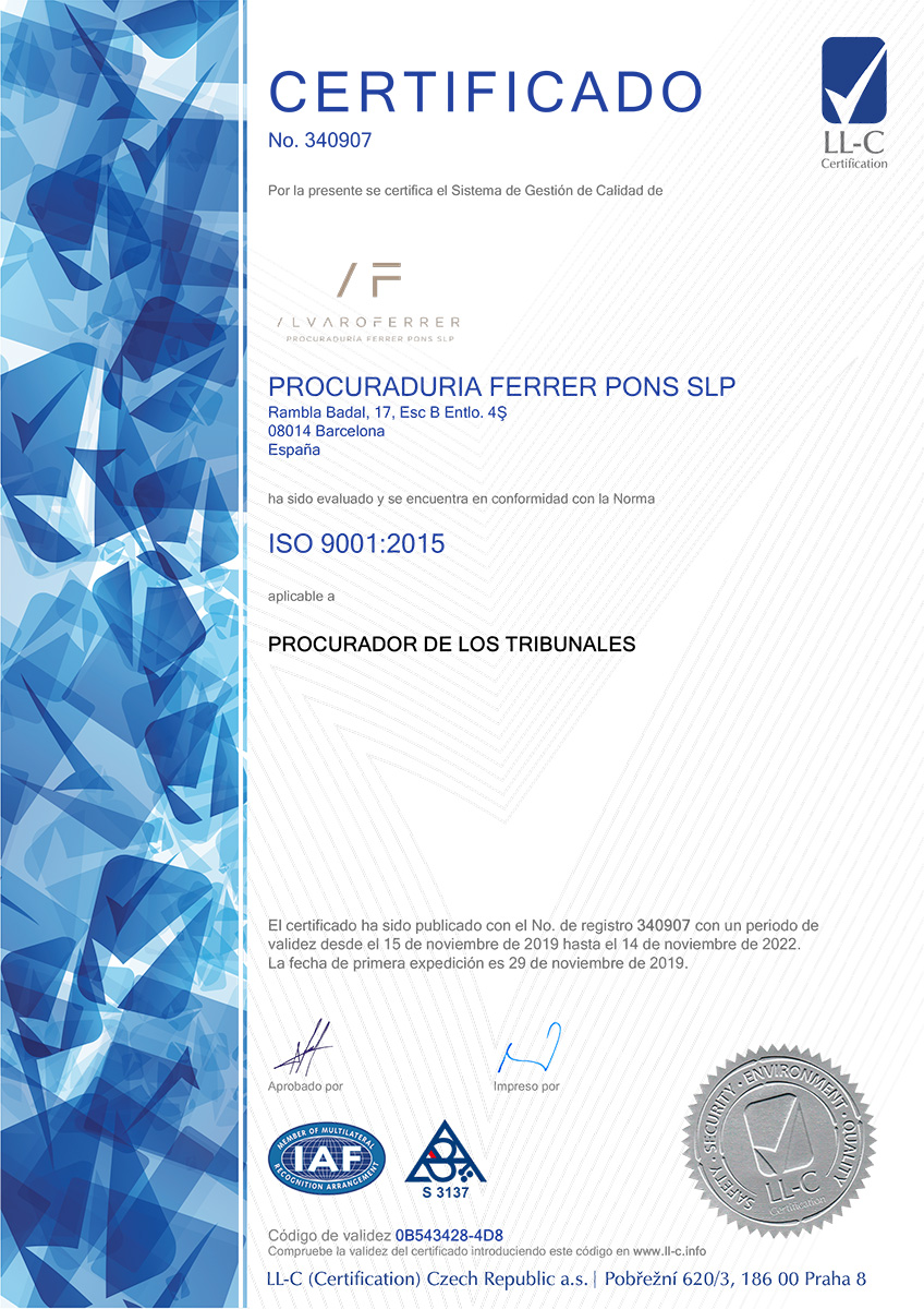 Certificado Iso 9001 2015 Alvaro Ferrer Procuraduría